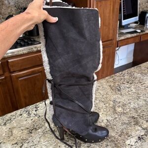 Michael Kors Collection Black Heeled Boots with Shearling Trim